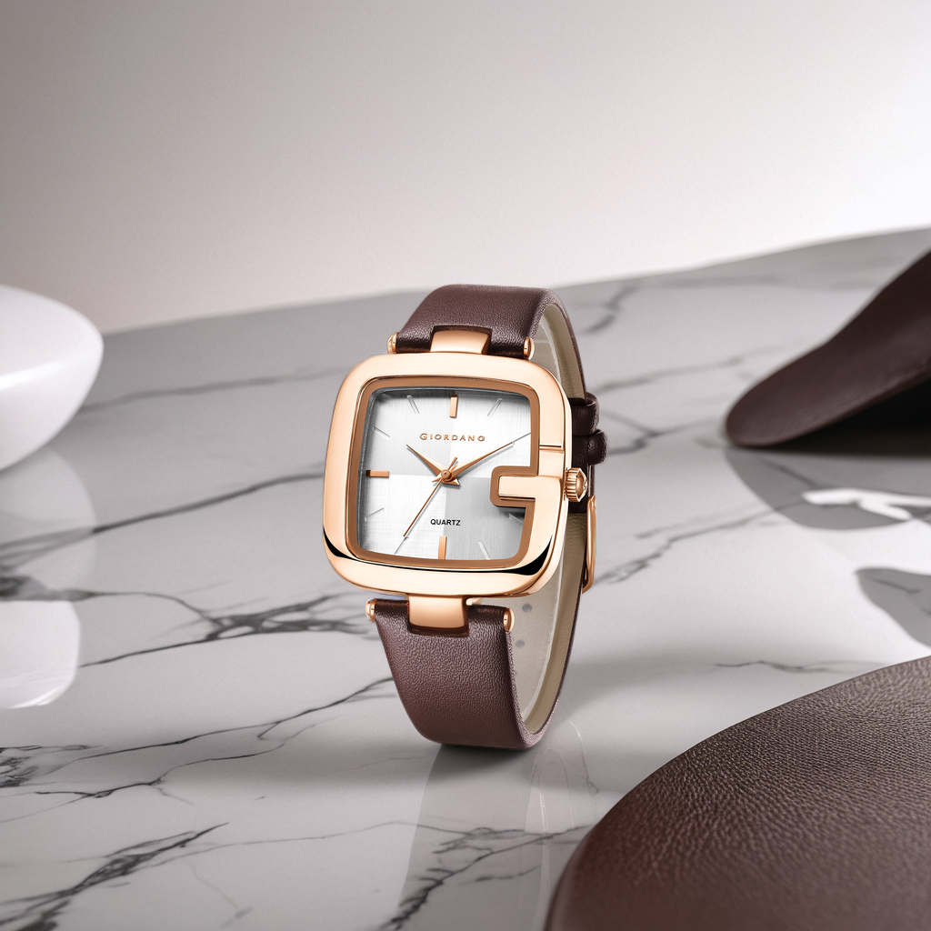 Giordano Square Dial Watch for women with leather strap and Premium Quartz moevment-GZ-60089-02